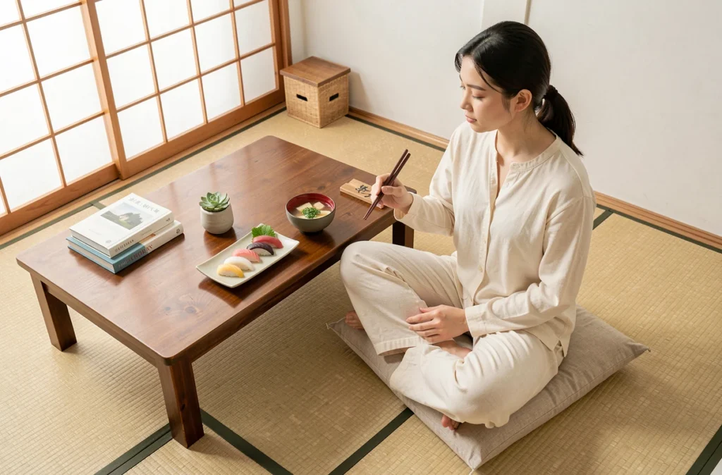 Jeune femme en pleine conscience devant un repas japonais dans un intérieur zen et épuré
