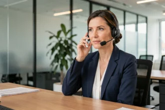 Femme professionnelle portant un casque téléphonique dans un bureau moderne, illustrant les bonnes pratiques pour préserver sa voix au travail