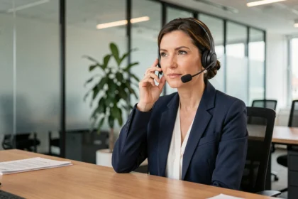 Femme professionnelle portant un casque téléphonique dans un bureau moderne, illustrant les bonnes pratiques pour préserver sa voix au travail