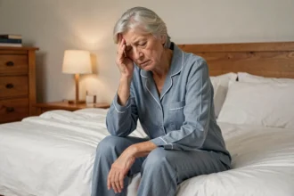 Femme retraitée assise sur le bord du lit en pyjama, souffrant de troubles du sommeil, dans une chambre calme et chaleureuse