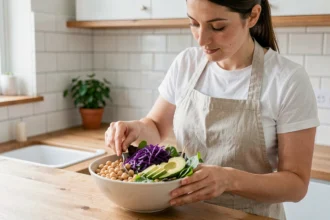 Femme préparant un bol de salade riche en fibres avec légumineuses, avocat et légumes colorés dans une cuisine moderne