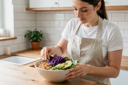 Femme préparant un bol de salade riche en fibres avec légumineuses, avocat et légumes colorés dans une cuisine moderne