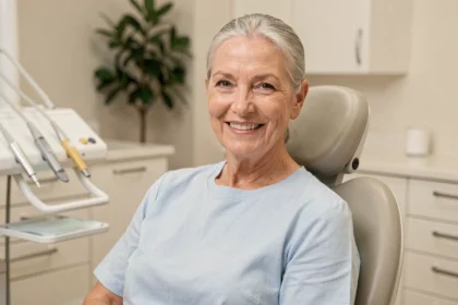 Femme senior souriante assise dans un fauteuil dentaire lors d'une consultation bucco-dentaire après la retraite