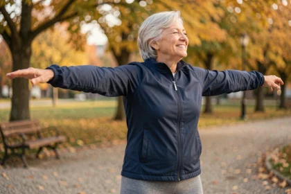 Femme de 60 ans faisant des étirements dans un parc en automne, illustrant les bienfaits de l'activité physique pour les seniors