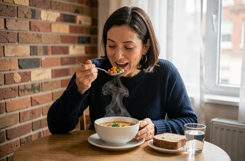 Femme savourant une soupe de légumineuses et légumes fibres dans un appartement cosy lors d'un repas minceur