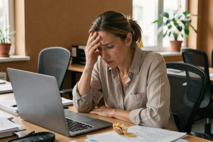 Femme stressée au bureau entourée de snacks et de documents, illustrant le lien entre stress chronique et prise de poids