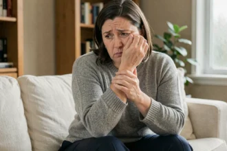 Femme quadragénaire assise sur un canapé tenant son bras avec une expression préoccupée, illustrant les premiers symptômes de la sclérose en plaques comme l'engourdissement