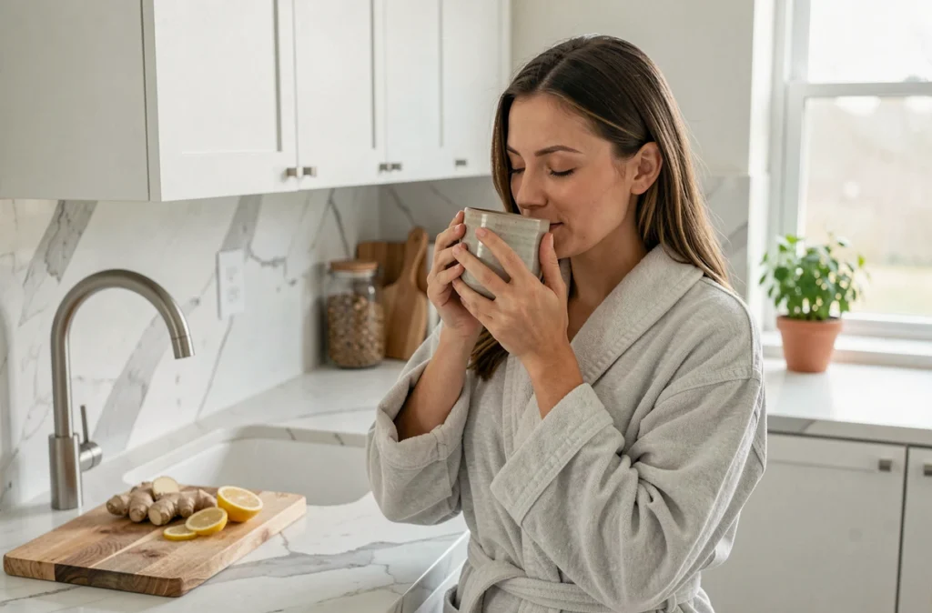 Femme en robe de chambre buvant une tisane au gingembre dans sa cuisine pour soulager les nausées matinales
