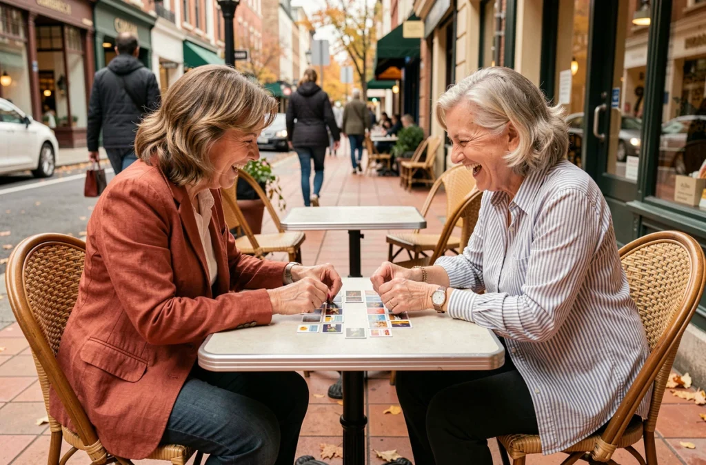 Deux femmes retraitées jouant à un jeu de mémoire en terrasse de café pour entretenir leurs capacités cognitives