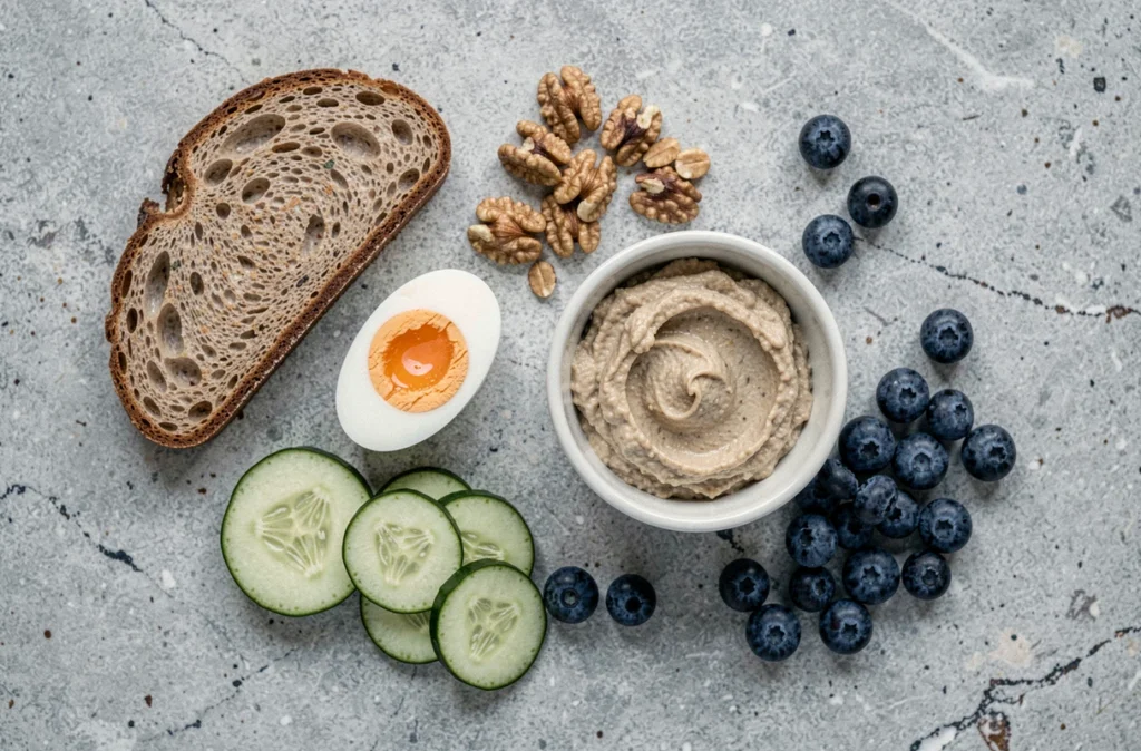 Vue de dessus d'un repas équilibré et rassasiant composé d'œuf, houmous, noix et légumes frais