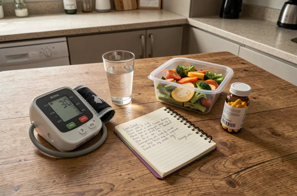 Objets du quotidien pour la gestion de l'hypertension artérielle à domicile : tensiomètre, carnet de suivi et alimentation saine