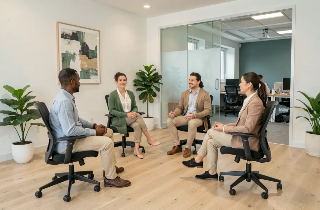 Groupe de collègues participant à une session de bien-être mental dans un espace dédié en entreprise moderne