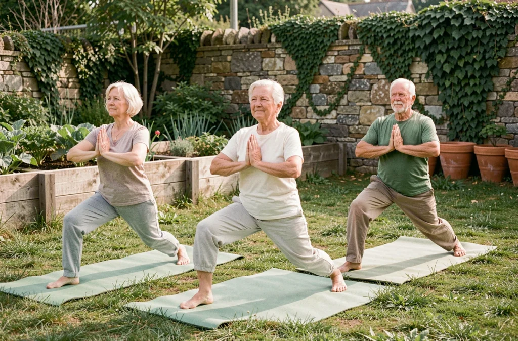 Groupe de seniors pratiquant le yoga en plein air dans un jardin communautaire, illustrant les bienfaits du sport collectif après 60 ans