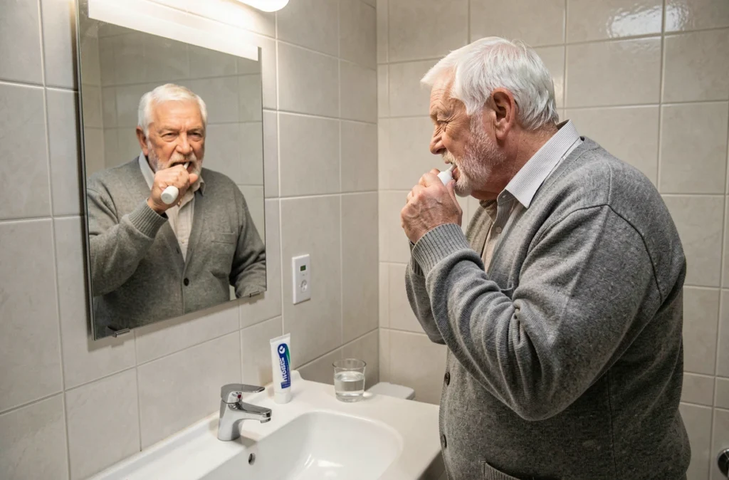 Homme âgé se brossant les dents avec une brosse électrique dans sa salle de bain, routine d'hygiène bucco-dentaire senior