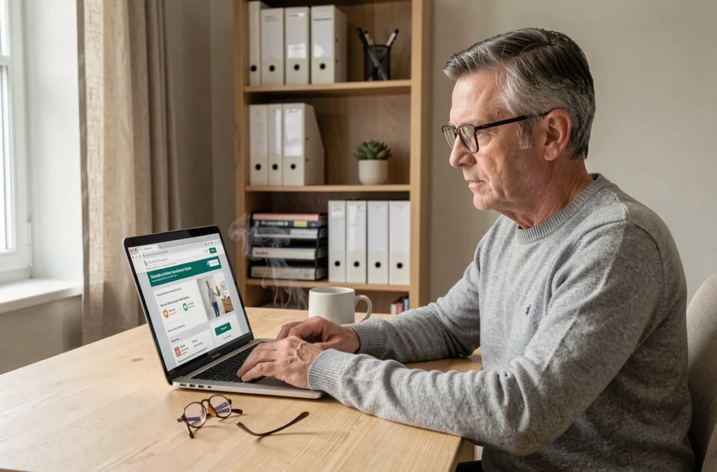 Homme consultant un comparateur de mutuelles santé sur un ordinateur portable dans un bureau à domicile