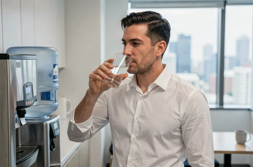 Homme en pause au bureau s'hydratant avec un verre d'eau, geste essentiel pour protéger et préserver sa voix en milieu professionnel