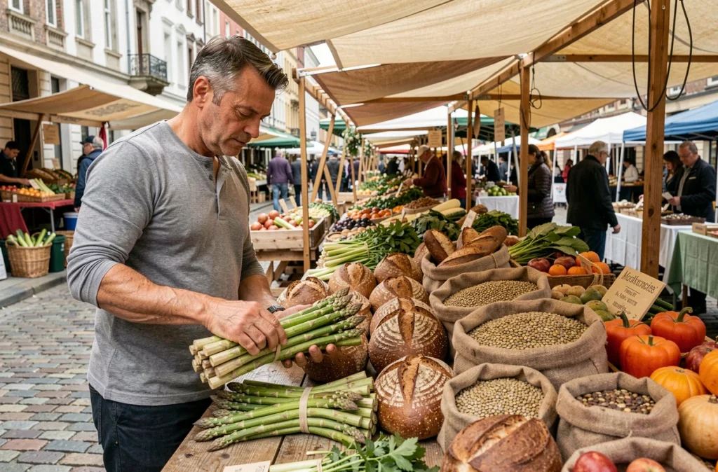 Homme choisissant des légumes riches en fibres et des céréales complètes sur un marché fermier en plein air