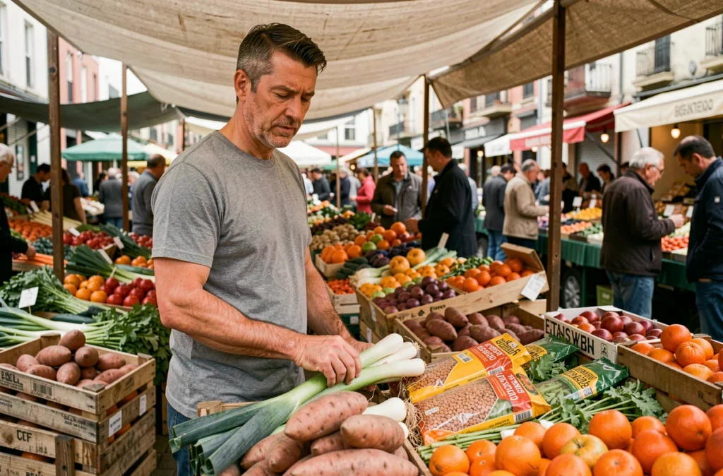 Homme choisissant des légumes rassasiants riches en fibres sur un marché fermier en plein air