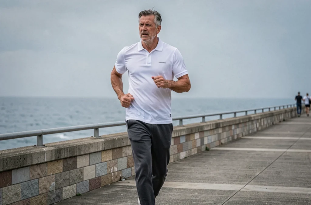 Homme de 45 ans pratiquant la marche rapide sur une promenade en bord de mer pour mincir