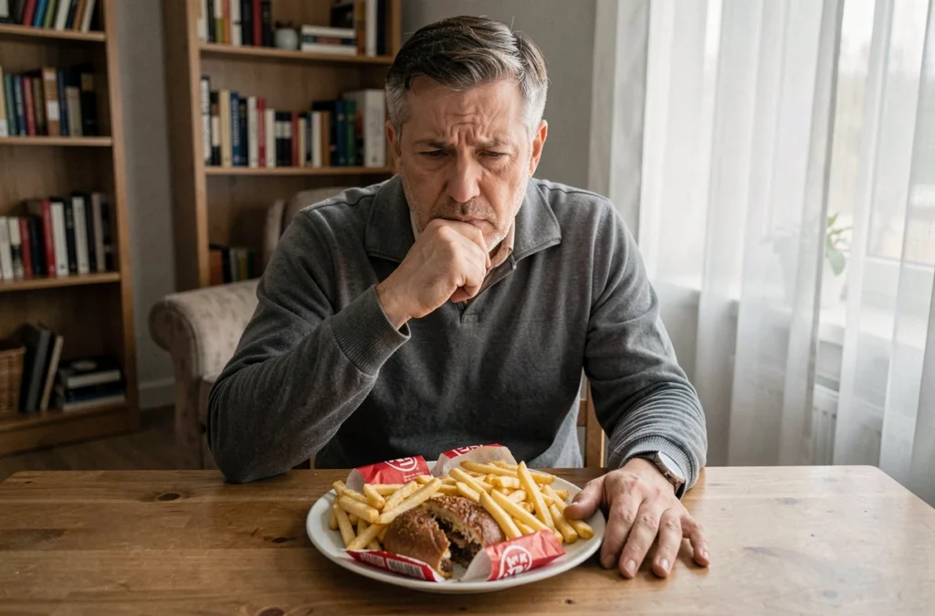 Homme pensif face à un repas fast-food peu équilibré, symbolisant les mauvaises habitudes alimentaires freinant la perte de poids