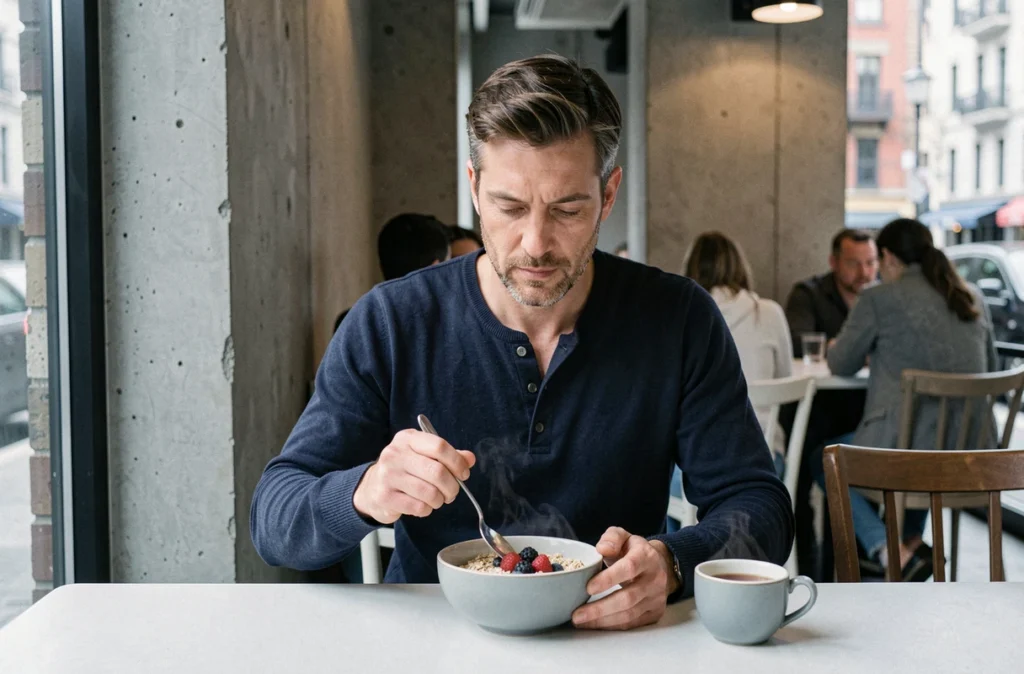 Homme savourant un bol de flocons d'avoine en pleine conscience dans un café minimaliste
