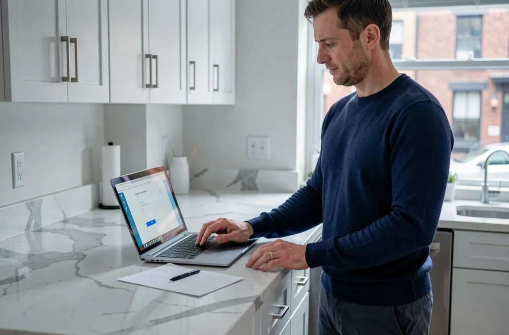 Homme effectuant une demande de résiliation de mutuelle en ligne depuis sa cuisine