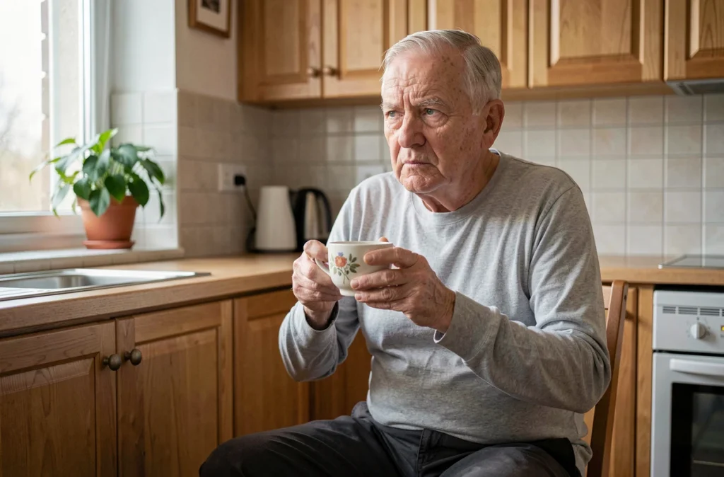 Homme retraité assis à la table de cuisine avec une tisane, réveillé tôt le matin en raison de troubles du sommeil