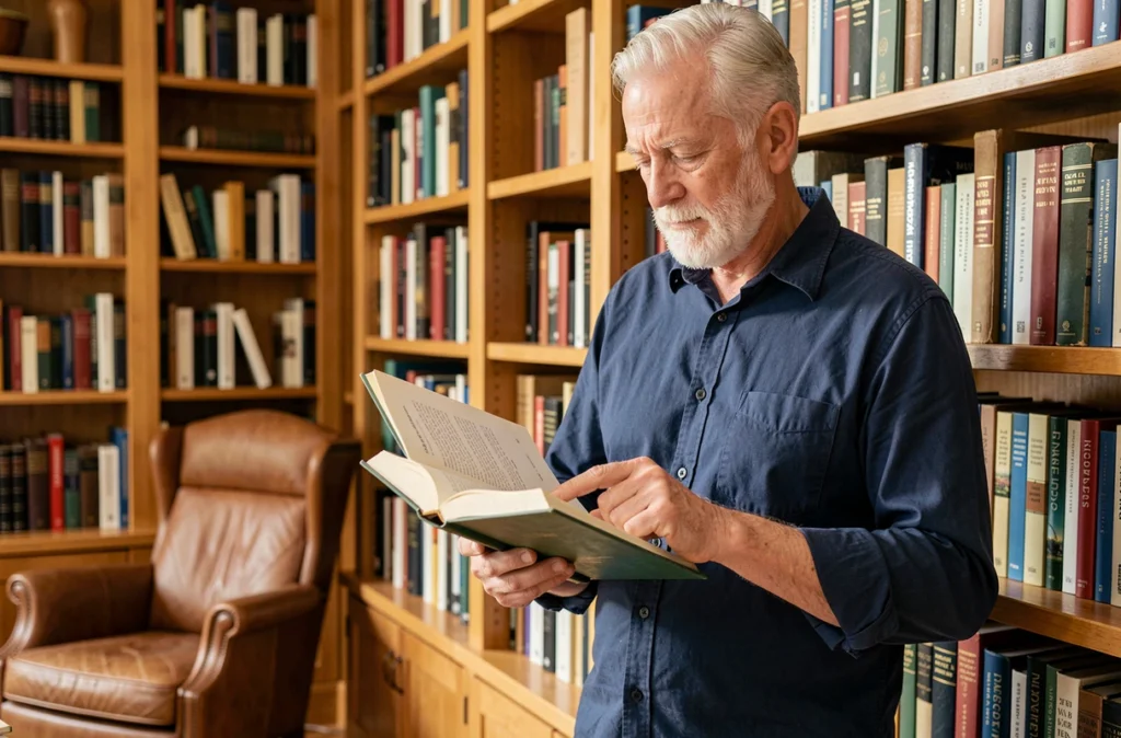 Homme senior lisant attentivement dans une bibliothèque à domicile pour stimuler sa mémoire