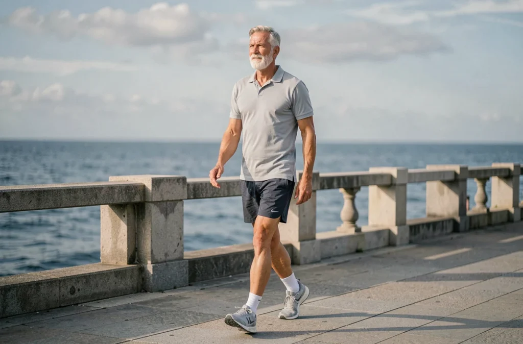 Homme senior marchant d'un pas dynamique sur une promenade en bord de mer, montrant l'importance de la marche active après 60 ans