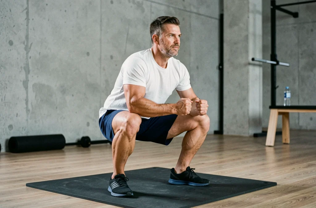 Homme réalisant des squats en salle de sport pour perdre du poids grâce à une pratique physique régulière