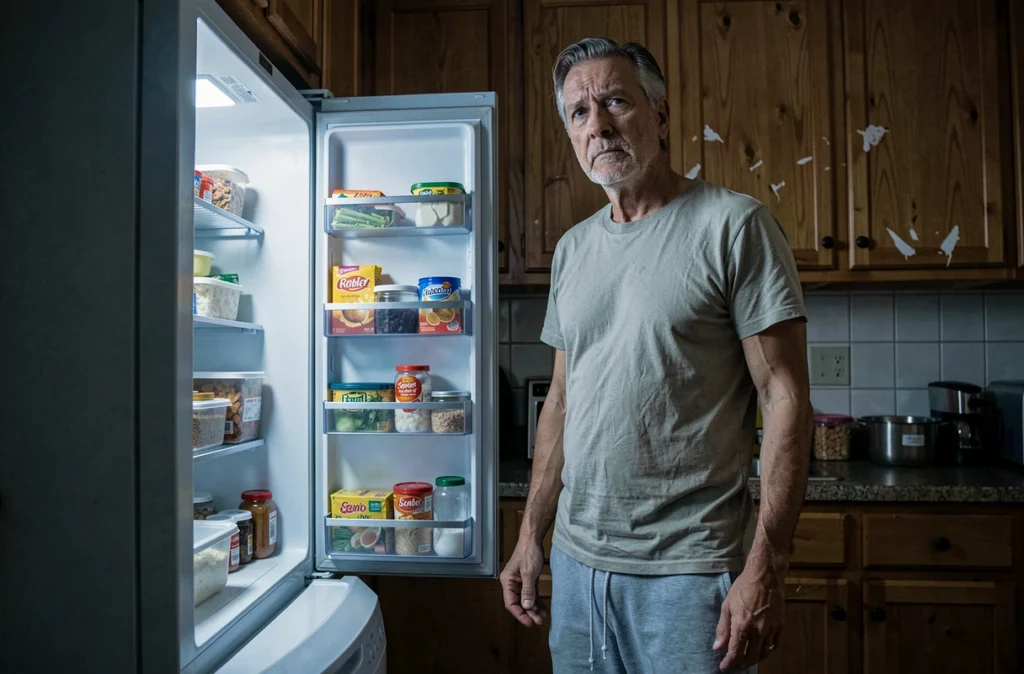 Homme fatigué devant un réfrigérateur ouvert la nuit, symbolisant la compulsion alimentaire liée au stress et aux troubles du sommeil