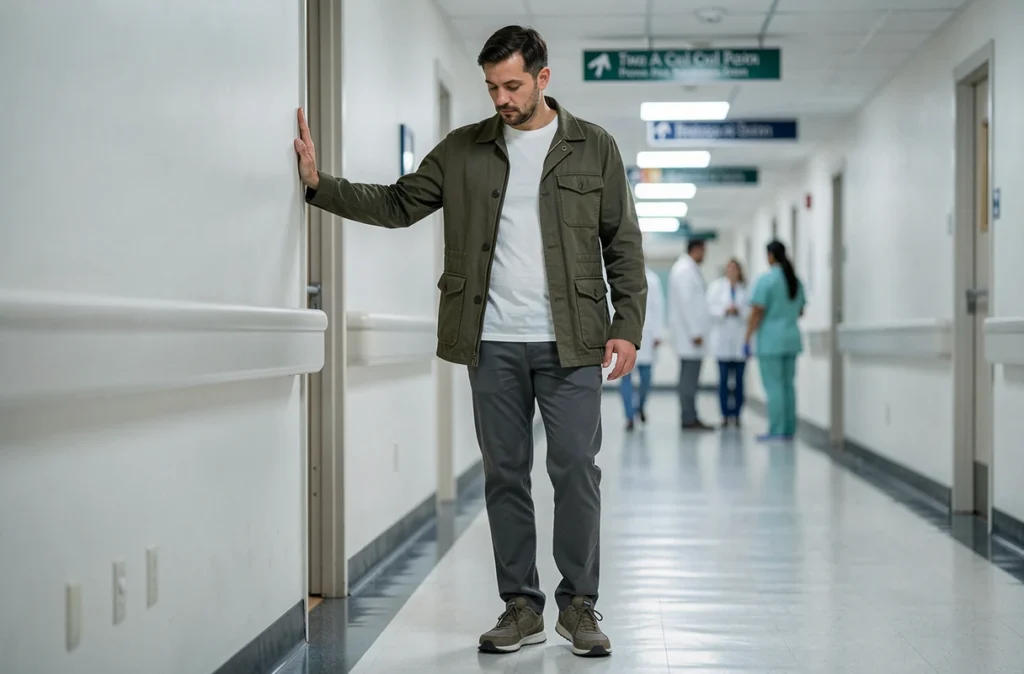 Homme en équilibre dans un couloir d'hôpital tenant le mur, représentant les troubles de l'équilibre comme signe précoce de la sclérose en plaques