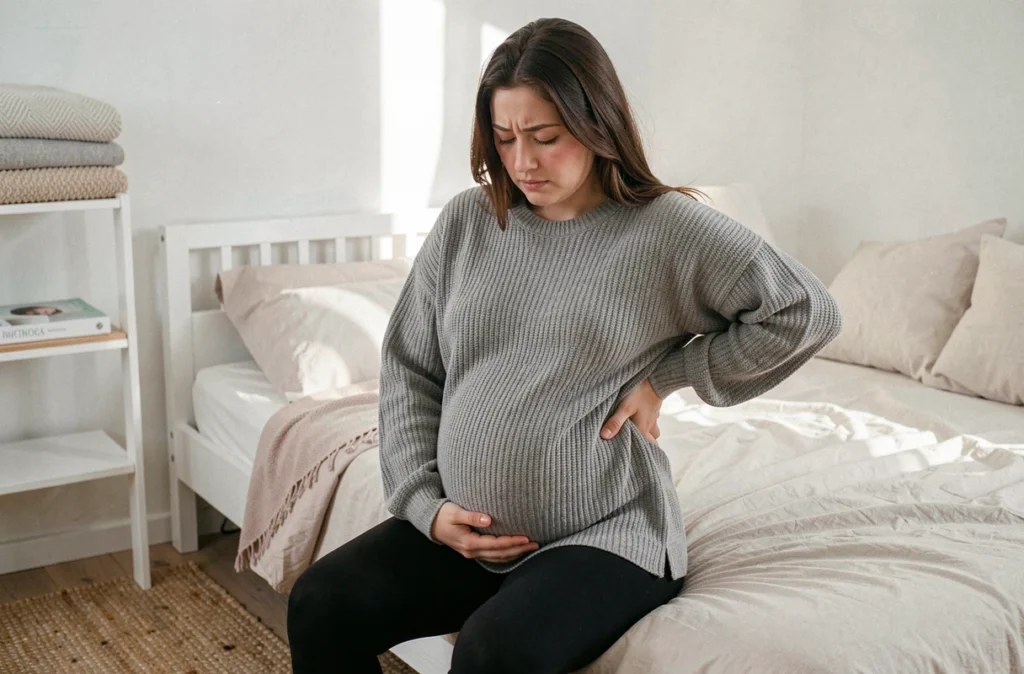 Femme enceinte assise sur le bord du lit se tenant le dos, exprimant la fatigue et l'inconfort liés au sommeil durant la grossesse