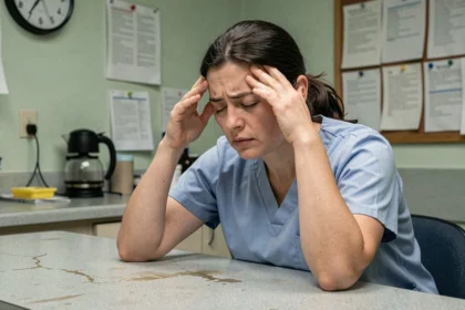 Infirmière épuisée assise seule dans une salle de pause hospitalière, les mains sur les tempes, illustrant le burn-out dans les métiers de la santé