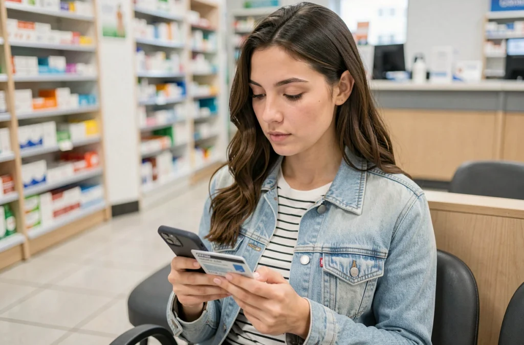 Jeune femme vérifiant sa carte de mutuelle santé en salle d'attente de pharmacie