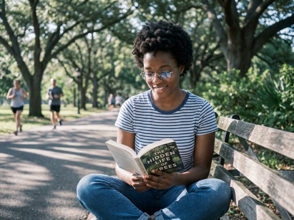 Jeune femme lisant un livre dans un parc avec des lunettes à monture ronde