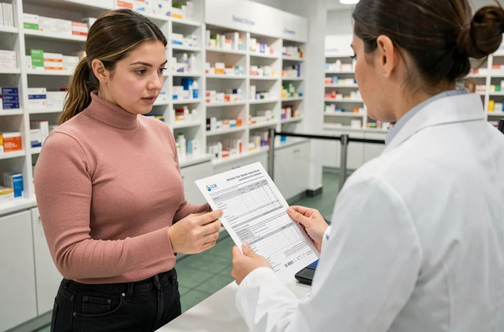 Jeune femme discutant du remboursement de sa mutuelle avec un pharmacien