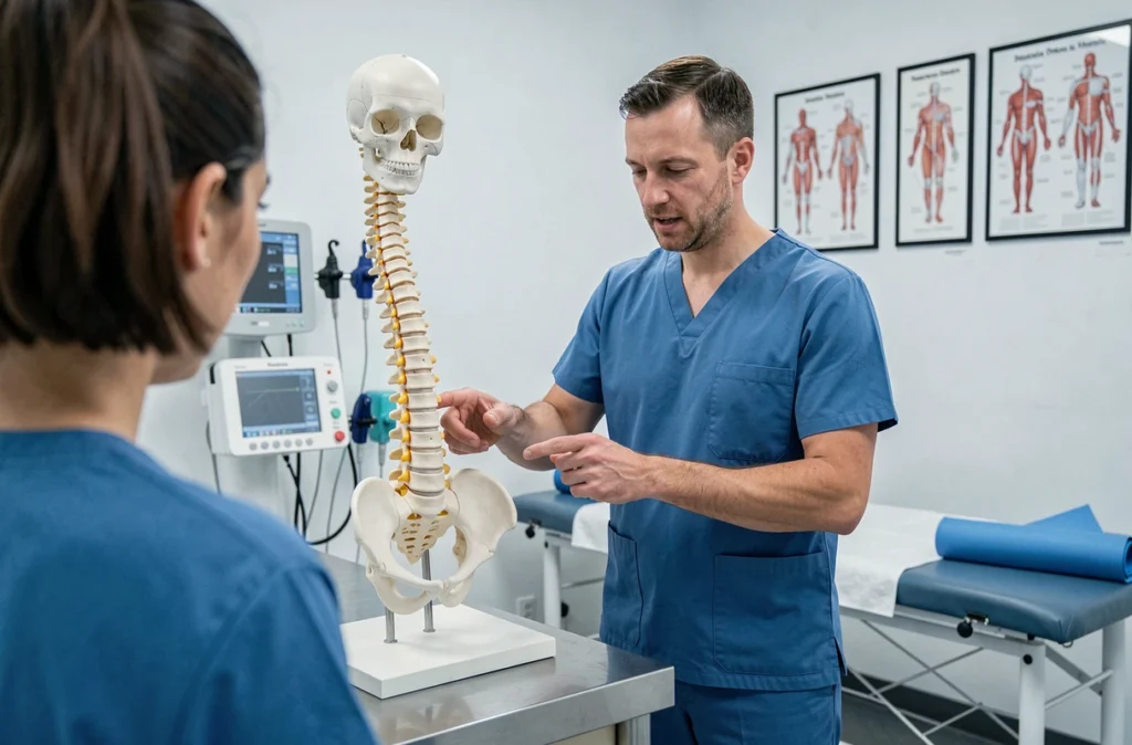 Kinésithérapeute expliquant les lésions discales lombaires à l'aide d'un modèle anatomique dans une clinique de rééducation