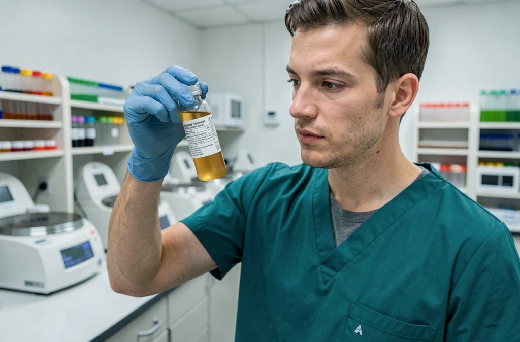 Technicien de laboratoire analysant un échantillon urinaire pour le dépistage précoce d'une insuffisance rénale
