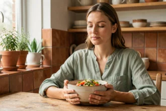 Femme pratiquant la pleine conscience en mangeant une salade colorée dans une cuisine chaleureuse