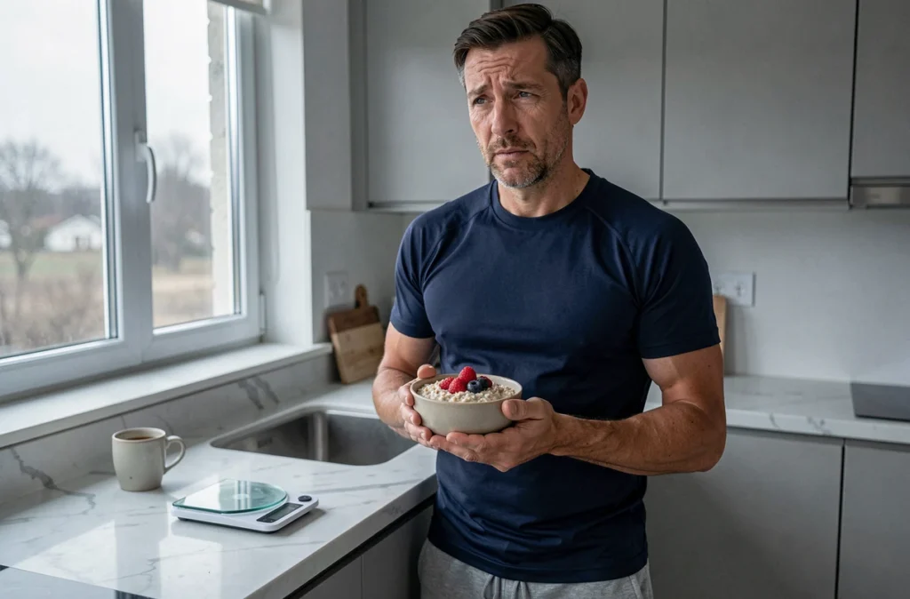 Homme fatigué préparant un petit-déjeuner sain le matin, lien entre manque de sommeil et comportement alimentaire