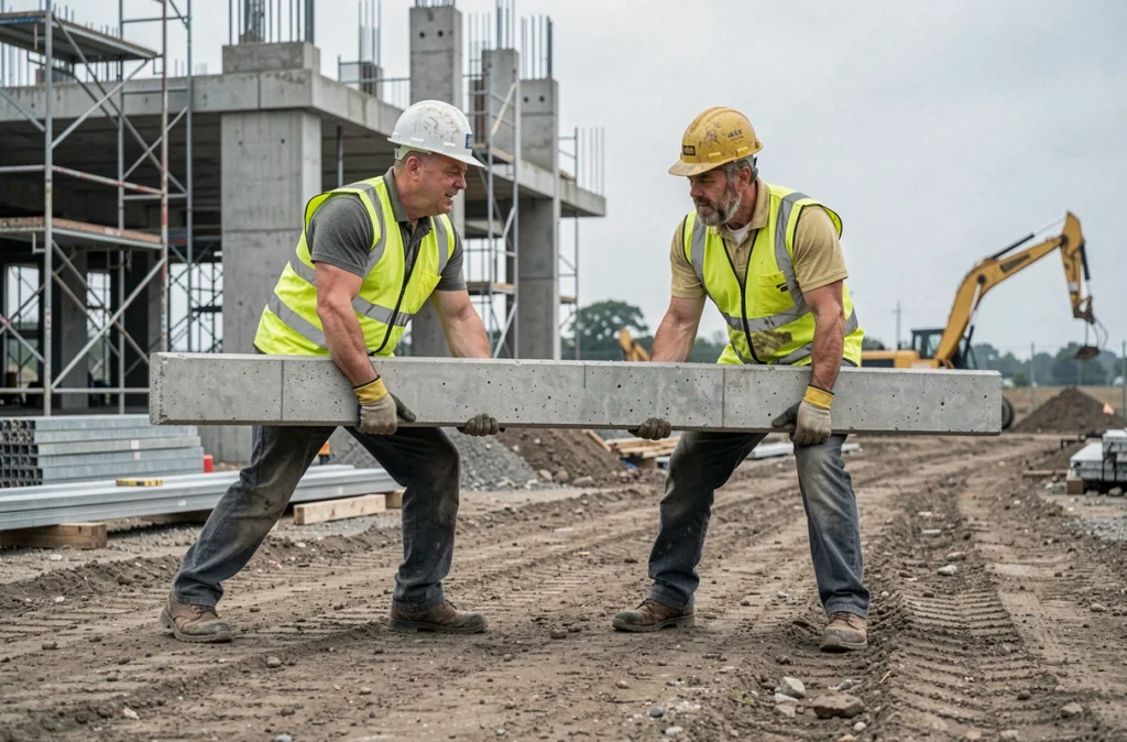 Deux ouvriers du bâtiment portant ensemble une charge lourde sur un chantier de construction en respectant les règles de sécurité