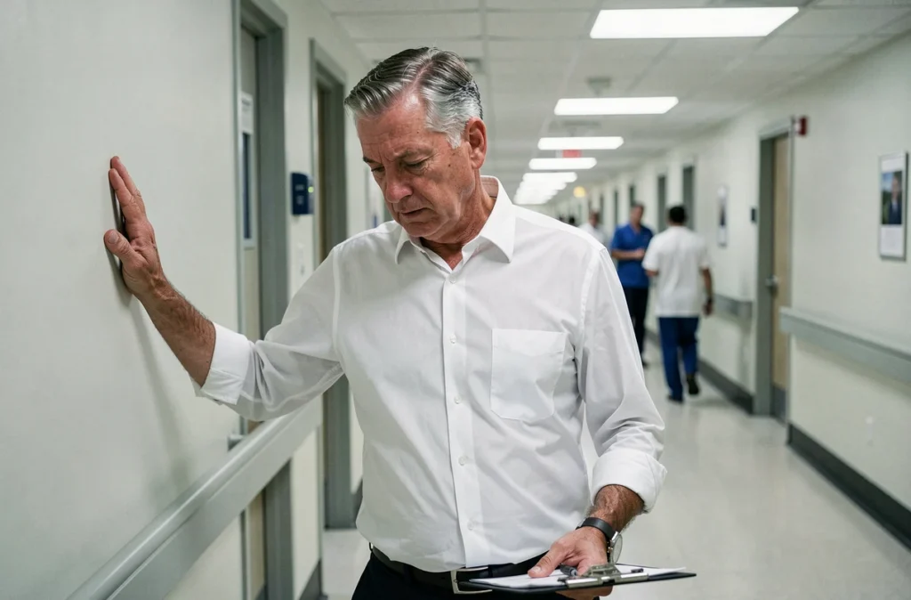 Médecin chef stressé dans un couloir d'hôpital, pression professionnelle et gestion du stress dans les métiers de santé