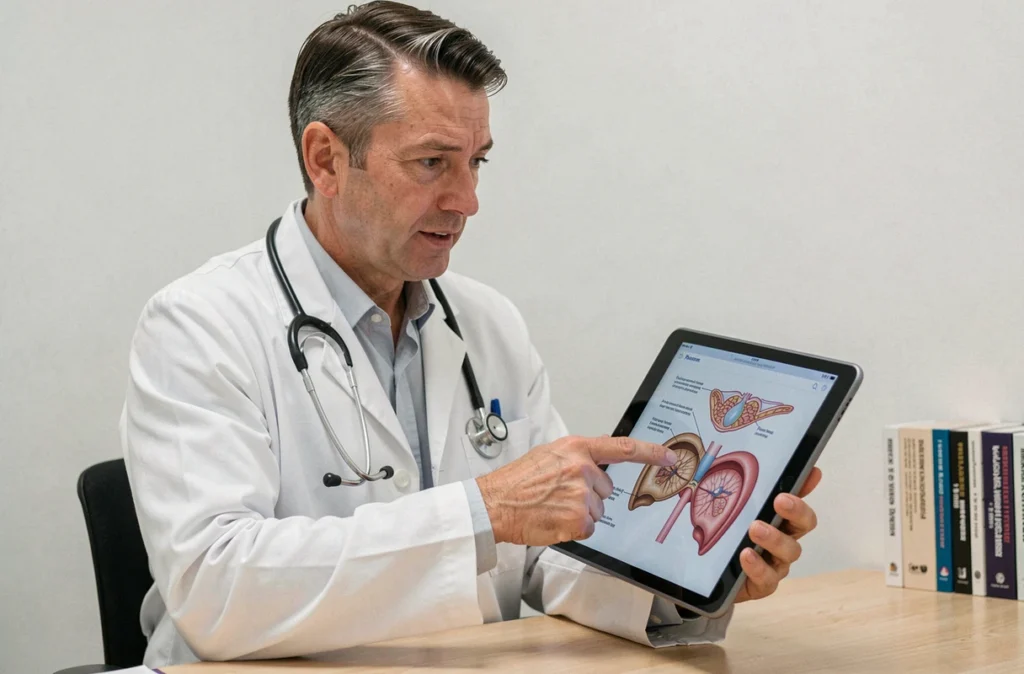 Médecin expliquant l'anatomie de la vésicule biliaire sur une tablette lors d'une consultation médicale