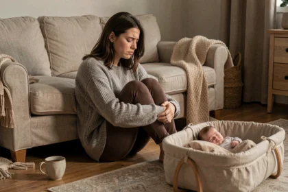 Jeune mère épuisée assise près du berceau de son bébé, illustrant l'impact du stress maternel sur le développement du nourrisson