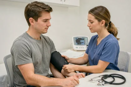 Jeune homme adulte en consultation médicale lors d'une mesure de la pression artérielle par une infirmière