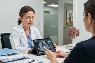 Néphrologue consultante examinant des images rénales sur tablette avec un patient pour une détection précoce de maladie rénale
