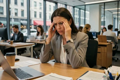 Femme de bureau stressée par le bruit en open space urbain, mains sur les tempes, environnement professionnel moderne