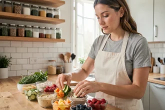 Femme préparant des collations saines et portionnées dans des contenants en verre sur un comptoir de cuisine en bois pour mieux organiser ses repas