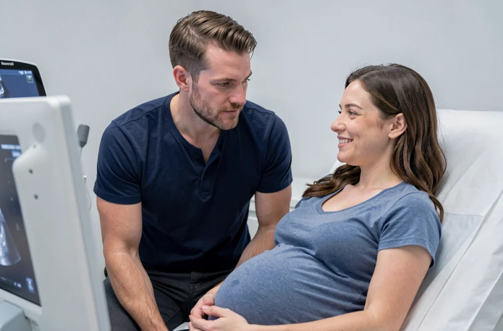 Partenaire présent lors d'une échographie prénatale, soutenant sa compagne enceinte pendant une consultation médicale